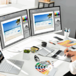 Website designer reviewing website layout and user experience to improve lead generation and conversions