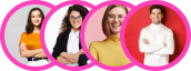 Four smiling individuals in a row, each within a pink circle: a woman in an orange top, a woman in glasses and a white blouse, a woman in a yellow top, and a man in a white sweater.