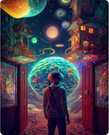 An imaginative scene of a person in a hat standing before an open doorway, looking at a fantastical universe filled with colorful planets and cosmic structures, symbolizing the expansive possibilities of an AI Chat Platform.