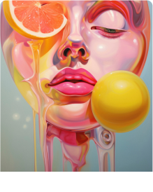 A surreal painting of a woman's face melting into a cascade of colors, with a grapefruit slice and a bubble integrated into the composition, illustrating the creativity and fluidity of an AI Chatting tool.