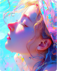 A digital artwork featuring a serene young woman with closed eyes, her face illuminated by vibrant, iridescent colors and light reflections, embodying the aesthetics of an AI Chatroom.