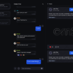 Preview of CMX platform's sleek new dark mode design with an interactive global chat, cross-platform chat options, and a personalized news feed for community updates. Engaging user interface optimized for seamless communication and social interaction.
