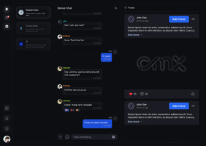 Preview of CMX platform's sleek new dark mode design with an interactive global chat, cross-platform chat options, and a personalized news feed for community updates. Engaging user interface optimized for seamless communication and social interaction.