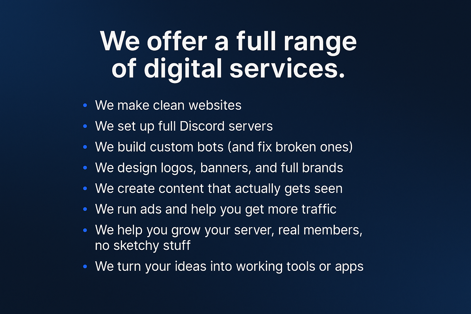 A horizontal 2D digital graphic showcasing CMX's digital services. The infographic displays key offerings such as website development, Discord server setup, custom bots, branding, content creation, digital advertising, and tool development. Styled in a clean, modern layout with icon-based visuals and a soft color palette, the image is designed for clear readability and immediate value recognition.