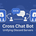 Illustration of a cross-chat bot system connecting multiple Discord servers. A central bot enables users from different servers to communicate in real time across channels, symbolized by linked server icons and message flows. Represents seamless, automated communication between communities through unified chat infrastructure.