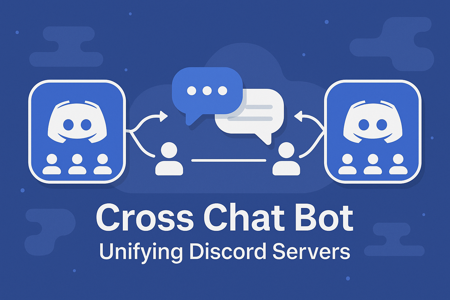 Illustration of a cross-chat bot system connecting multiple Discord servers. A central bot enables users from different servers to communicate in real time across channels, symbolized by linked server icons and message flows. Represents seamless, automated communication between communities through unified chat infrastructure.