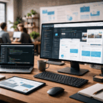 Modern web services workspace showing website development, user interface design, and collaborative digital execution tools
