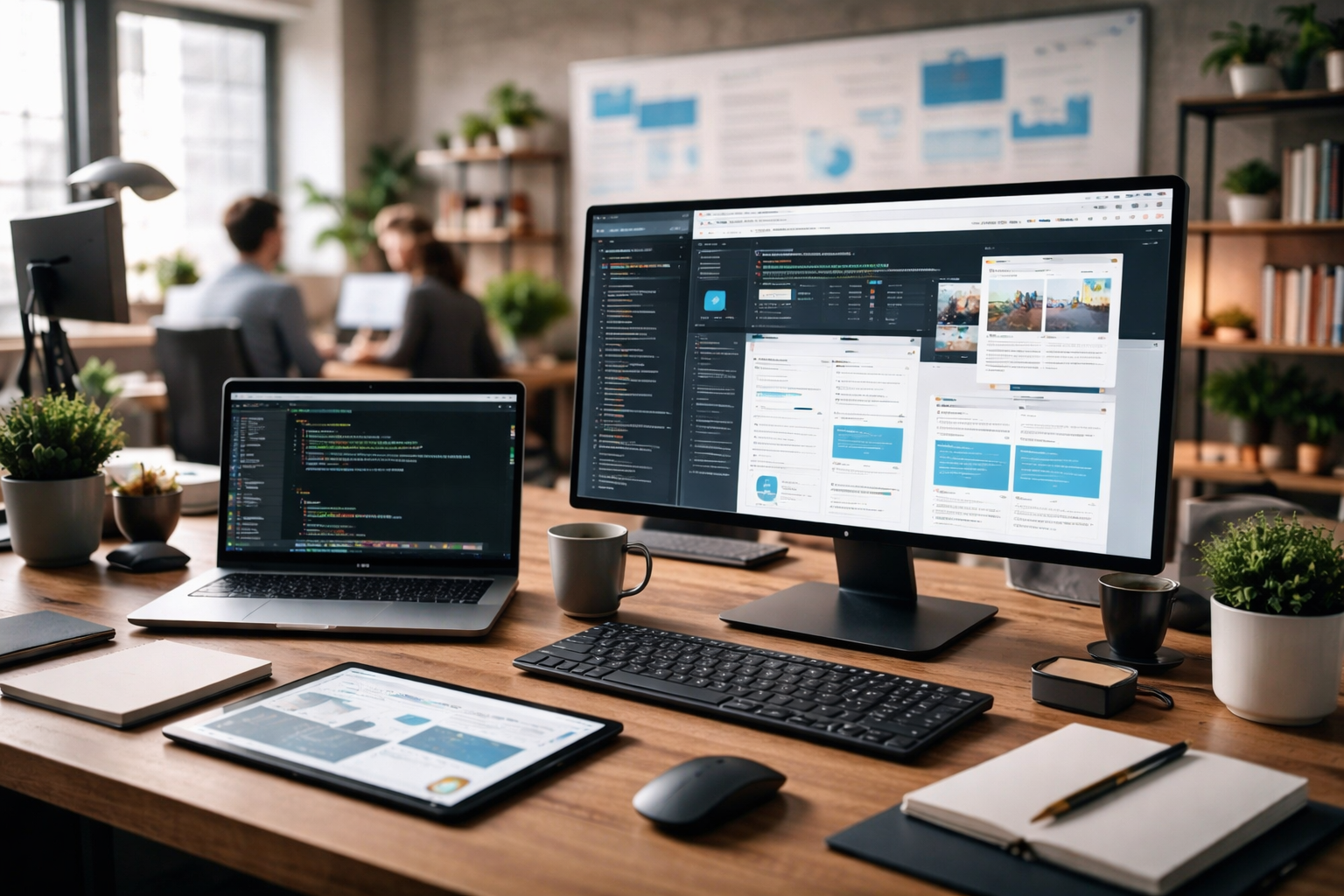 Modern web services workspace showing website development, user interface design, and collaborative digital execution tools