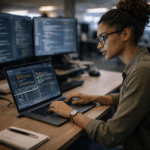Female DevOps engineer with glasses working on deployment logs and cloud infrastructure in a SaaS office