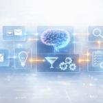 AI models integrated into a business system, showing how automation processes demand, decisions, and workflows across different operations