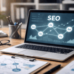 Realistic workspace showing backlink relationships and SEO performance, illustrating how backlinks affect SEO rankings