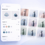 Branding kit for startups displaying logo variations, structured color palette, and typography guidelines in a clean digital interface