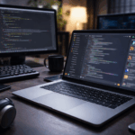 Discord development sandbox setup with laptop running bot code and staged Discord server environment for safe testing before production deployment