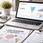 Small business website conversion strategy shown through analytics dashboard and lead generation planning workspace