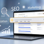 Search engine results displayed on laptop with analytics graphs illustrating SEO performance and website optimization growth