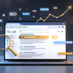 Laptop displaying Google search results and growth analytics dashboard, representing search optimization strategy and organic traffic growth