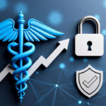 Abstract blue caduceus symbol with growth arrow, secure lock, and shield representing trust-based authority in healthcare and finance SEO