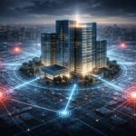 Modern corporate headquarters protected by digital network systems symbolizing resilient business infrastructure during crisis