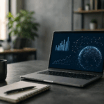 Modern workspace with laptop showing data analytics and AI visualization representing SEO, ORM, and AI-driven search optimization