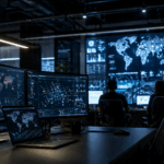 AI-powered cybersecurity operations center with analysts monitoring real-time threat detection dashboards and network activity