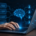 Person using laptop with AI neural network visualization and data connections representing generative search and content systems