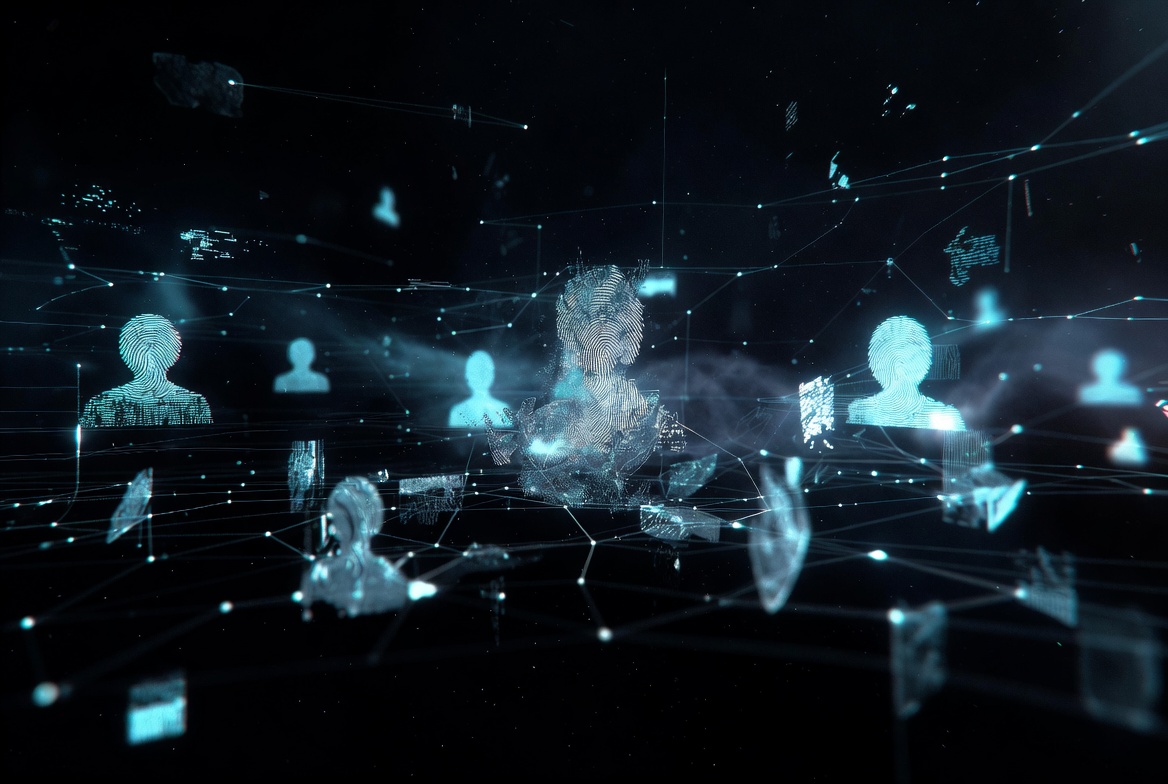 Photorealistic digital abstract visualization in deep black space showing glowing cyan and blue holographic network connections. Multiple translucent human silhouette forms made of fingerprint patterns and data fragments float and interconnect through intricate glowing lines and nodes, representing digital identity reconstruction and surveillance systems. Atmospheric cyberpunk aesthetic with soft volumetric lighting and bokeh effects.