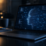 Close-up of a modern laptop on a dark desk displaying a glowing AI digital human profile made of connected data points and network lines, symbolizing identity systems, search algorithms, and data interpretation in a futuristic tech environment.