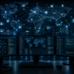 Digital network visualization across global map with data dashboards and interconnected signals representing AI, SEO, and OSINT analysis