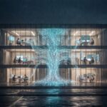 Modern glass corporate office building at night with interdisciplinary teams (SEO, OSINT, cybersecurity, operations, and marketing) working inside, connected by glowing blue data streams converging into one unified core, representing aligned digital infrastructure and entity reconstruction