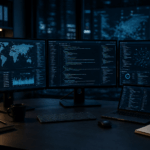 Multi-monitor cybersecurity workstation displaying OSINT dashboards, global network map, and data analysis tools in a dark office setup