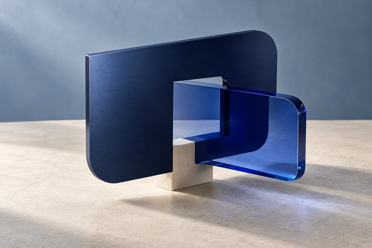 Interlocking navy metal and translucent blue glass forms on an ivory support.