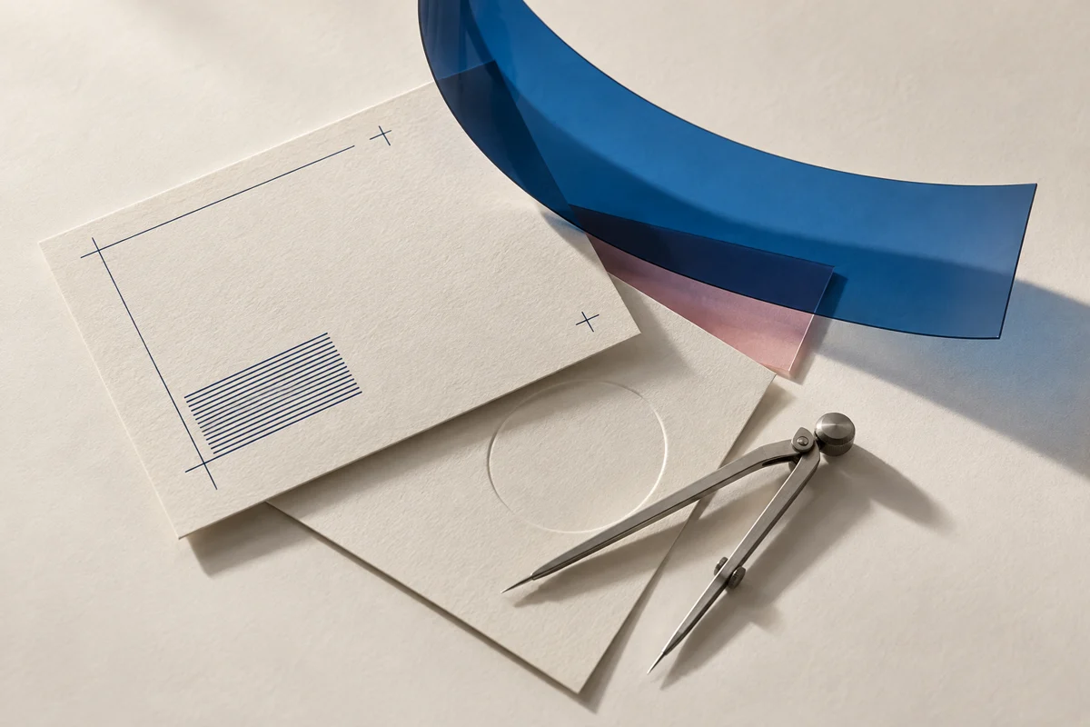 Editorial still life of cream paper, translucent blue acetate and a brushed-steel drafting divider.