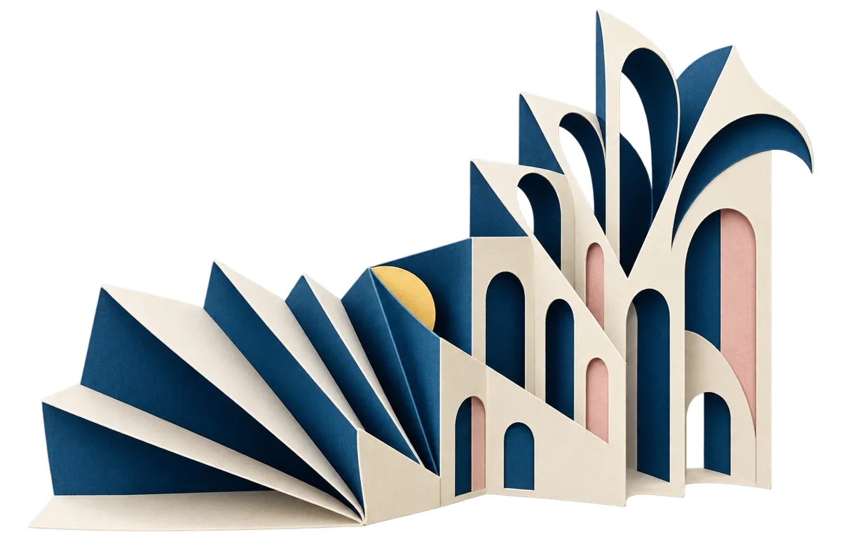 Architectural paper construction with blue accordion folds, cream arches and pink insets.