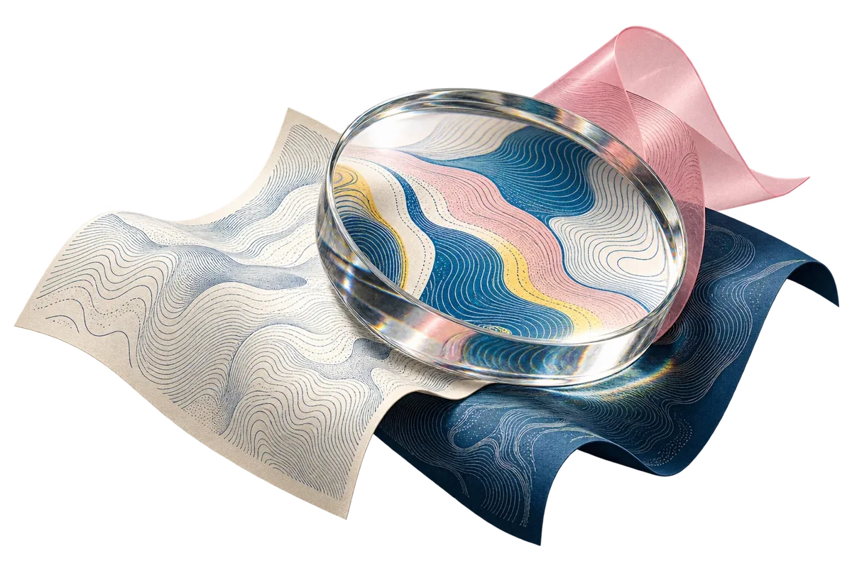 Clear glass lens enlarging contour patterns on layered blue, cream and pink printed sheets.