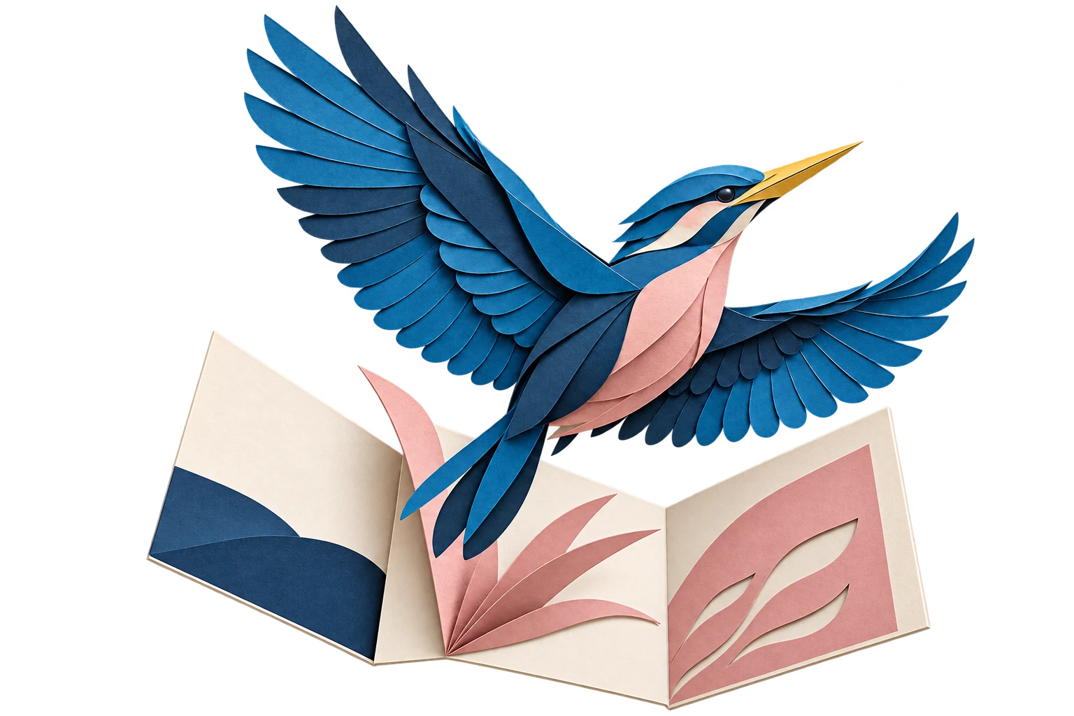 Paper-style kingfisher rising from an open folded folio