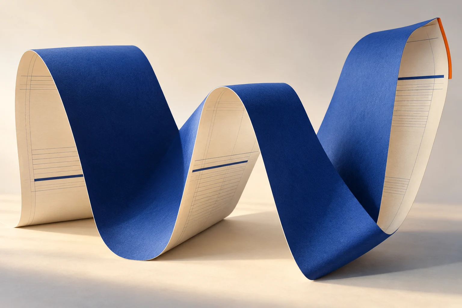 Conceptual paper sculpture with cobalt folds and an ivory editorial grid.